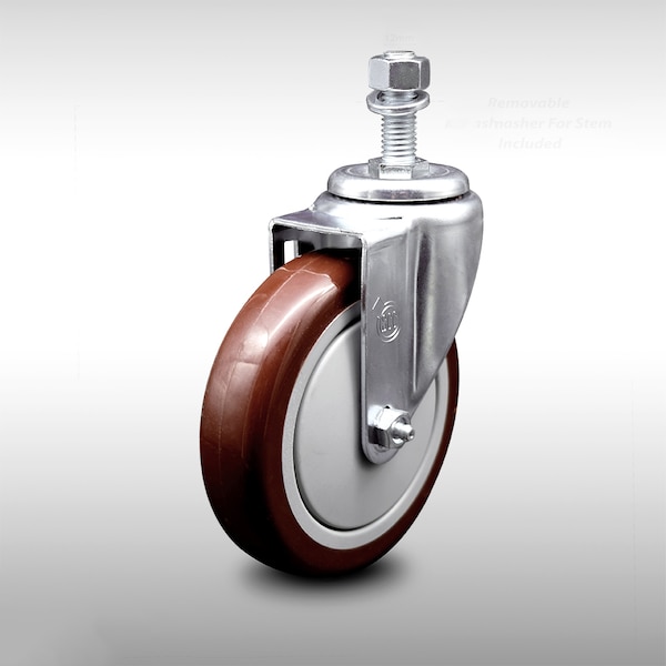 5 Inch SS Maroon Polyurethane Wheel Swivel 12mm Threaded Stem Caster SCC